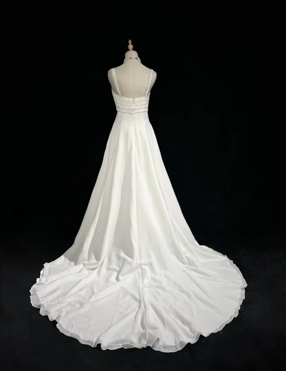 Glamorous Spaghetti Straps White Chiffon Beaded Mermaid Long Wedding Dress Formal Bridal Dress SP1793