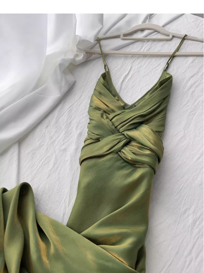 Elegant Green Spaghetti Straps Satin Mermaid Long Party Dress Formal Wedding Guest Dress SP1980
