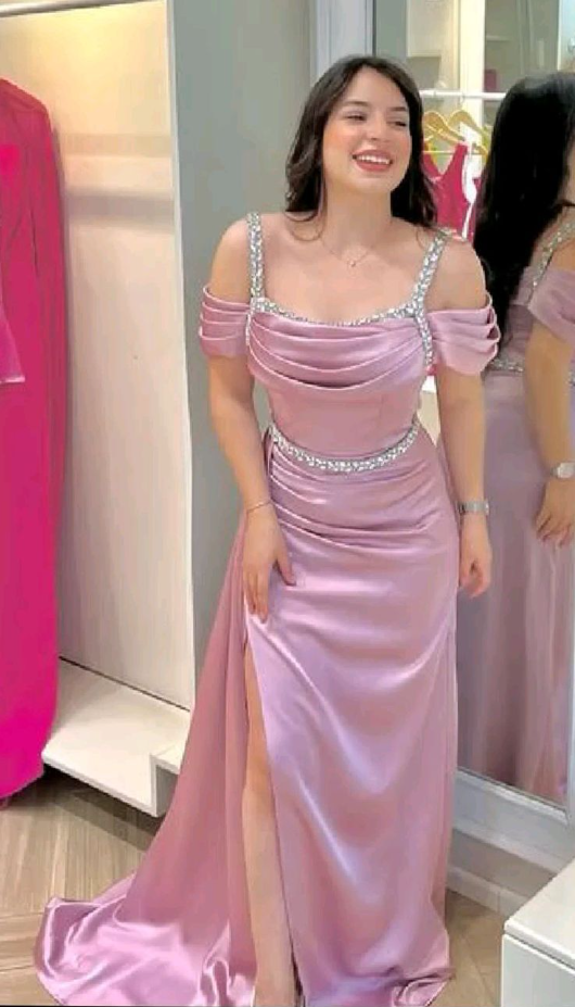 Pretty Pink Satin Beaded Slit Mermaid Long Party Dress Off The Shoulder Prom Gown SP4238