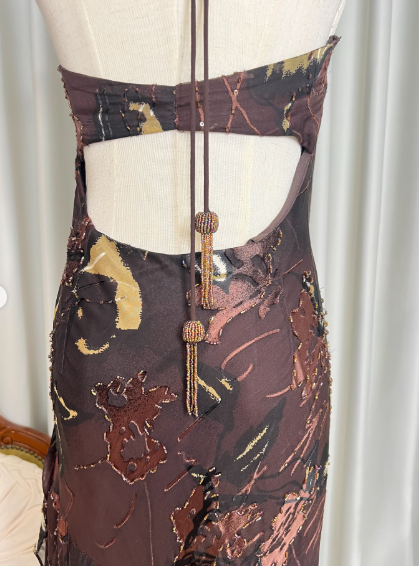 Vintage Halter Chocolate-Brown Chiffon Floral Prints Beaded Mermaid Party Dress Formal Prom Gown With Ribbon SP626