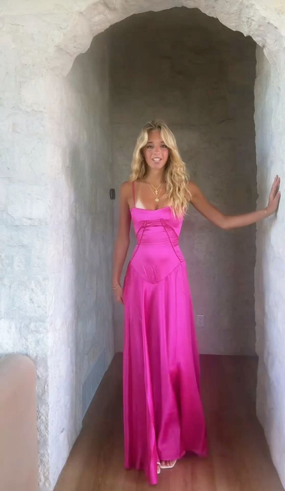 Classy Spaghetti Straps Hot Pink Satin A Line Long Party Dress Wedding Guest Dress SP2139