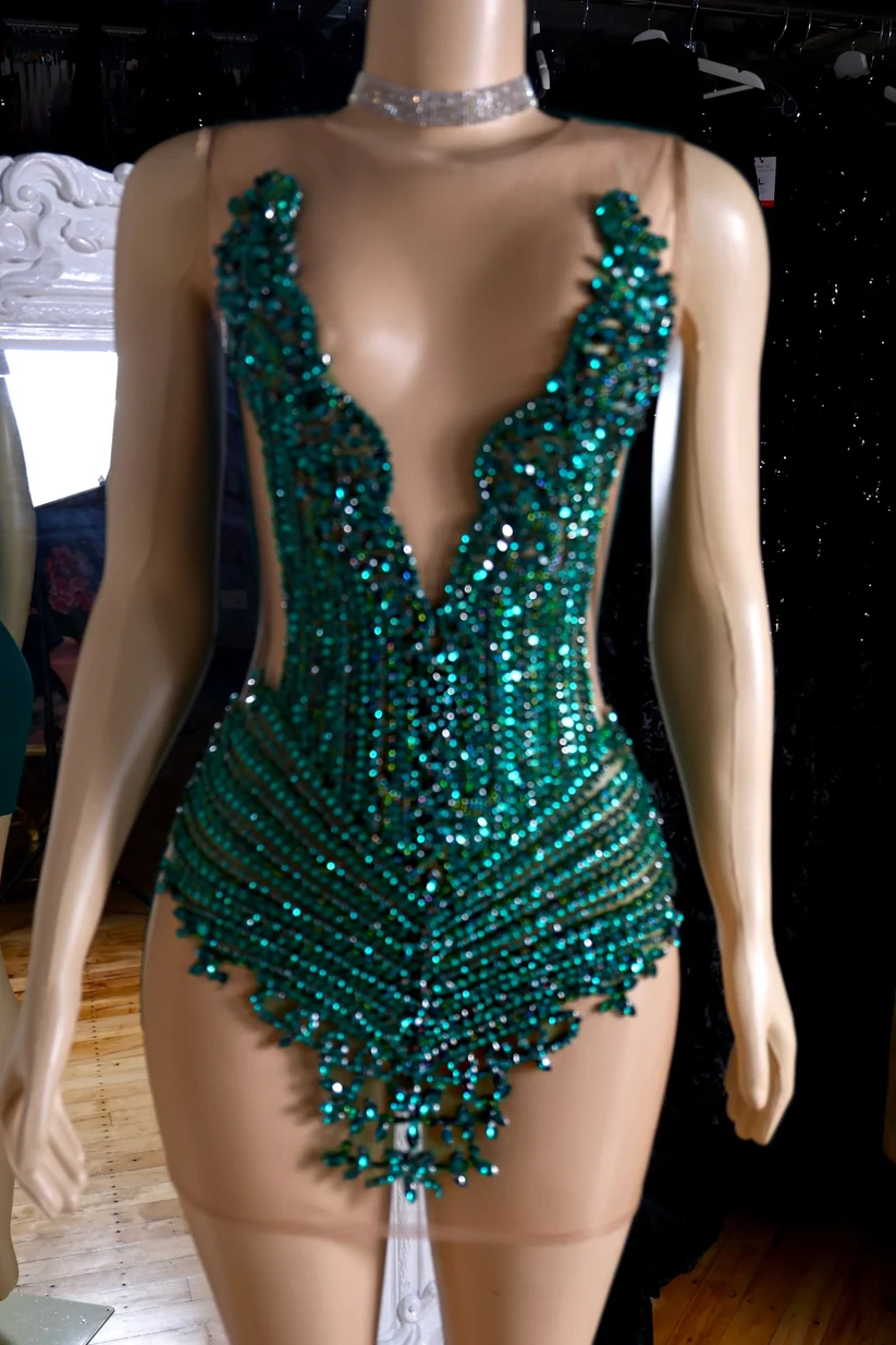 Sexy Green Tulle Beaded Sheath Short Homecoming Dress Cocktail Dress SP3883
