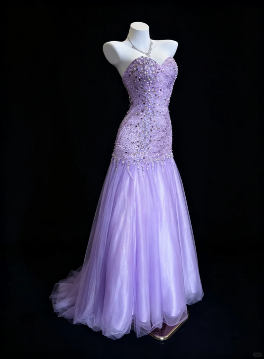 Dreamy Lavender Strapless Mermaid Formal Party Gown,Sparkle Tulle Beaded Long Wedding Guest Dress SP2729