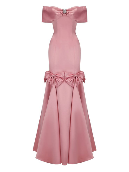 Cute Off The Shoulder Pink Satin Party Dress,Mermaid Birthday Evening Dress With Bow Y8727