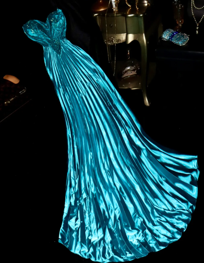 Pretty Strapless Blue Satin Pleated Beaded Mermaid Party Dress Birthday Prom Dress SP675