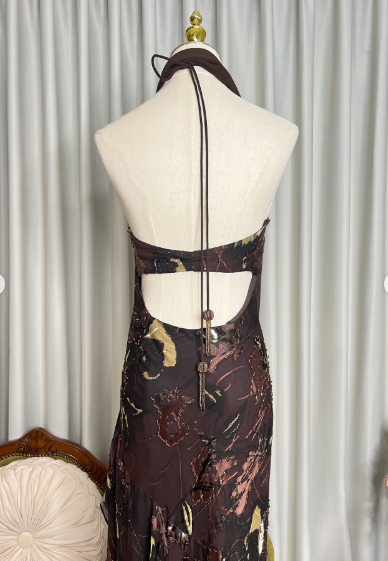Vintage Halter Chocolate-Brown Chiffon Floral Prints Beaded Mermaid Party Dress Formal Prom Gown With Ribbon SP626