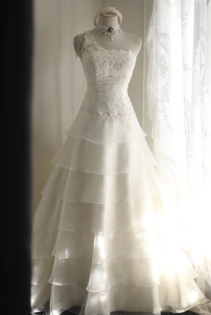 White One Shoulder Organza Beaded Sequin Layered Mermaid Wedding Dress Elegant Long Bridal Dress SP1242