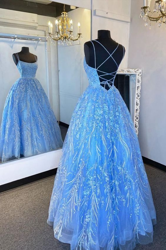 Elegant Straps Blue Applique Formal Dress, Prom Dress, Evening Dress Y5890