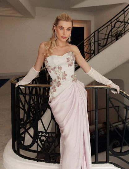 Elegant Strapless Pink Satin Chiffon Pleated Mermaid Long Party Dress Birthday Prom Gown With Gloves SP4127
