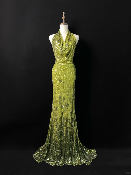 Gorgeous Green Halter Sequins Backless Prom Dress,Long Mermaid Evening Dress Y8647