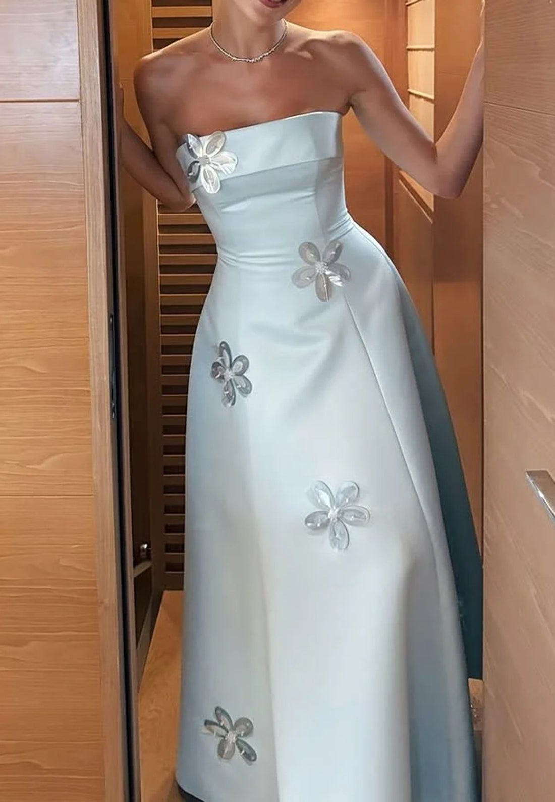 Pretty Strapless Blue Satin Sequin Flowers Long Party Gown Formal Guest Dress SP359