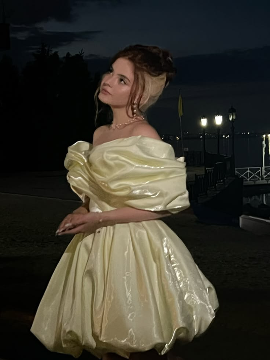 Elegant Off The Shoulder Satin Pleated A Line Short Birthday Dress,Yellow Short Homecoming Dress SP2799