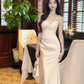 Pretty One Shoulder White Satin Beaded Mermaid Long Party Dress Formal 18th Birthday Outfits SP2006