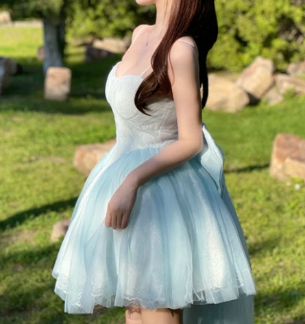 Fairy Blue Tulle Lace A Line Short 16th Birthday Outfits,Sweetheart Neck Mini Homecoming Dress With Bow SP3481