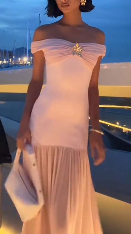 Classy Off The Shoulder Pink Chiffon Mermaid Party Dress Formal Wedding Guest Dress SP587