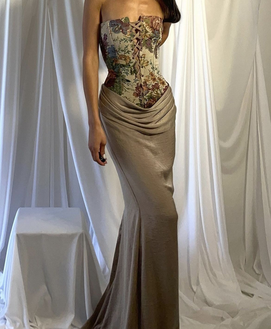 Vintage Strapless Satin Print Floral Mermaid Long Wedding Guest Dress Party Dress SP871