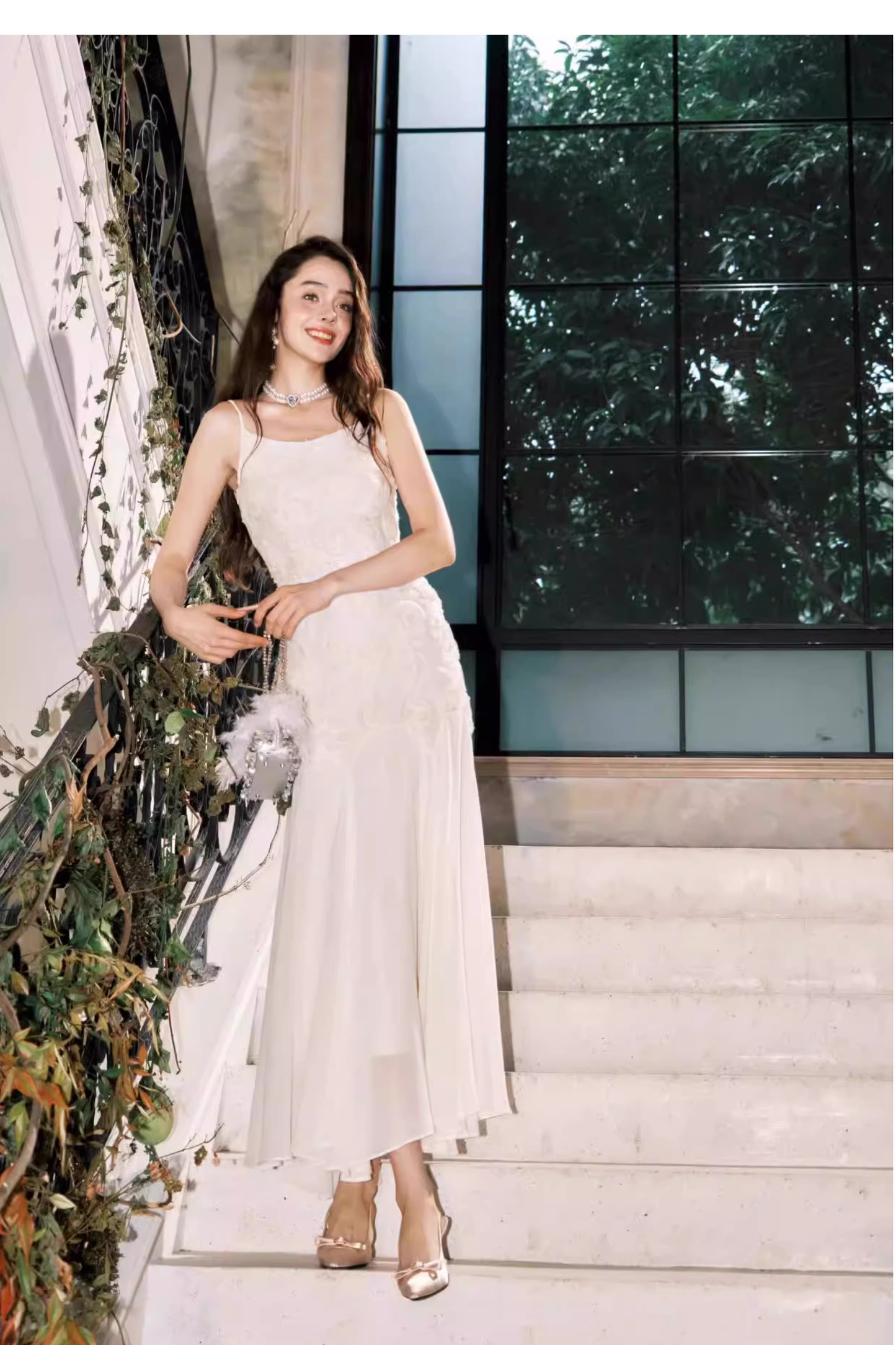 Fairy Spaghetti Straps 3D Rose Flowers Chiffon Mermaid Prom Dress White Birthday Party Dress SP1981