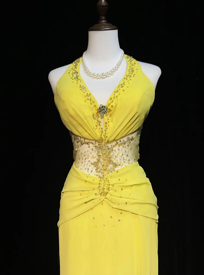 Sexy Yellow Halter V Neck Chiffon Beaded Mermaid Evening Dress Backless Long Prom Gowns SP1967