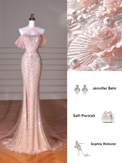 Classy Pink Halter Sequin Beaded Tulle Mermaid Evening Dress Long Prom Dress Y8620