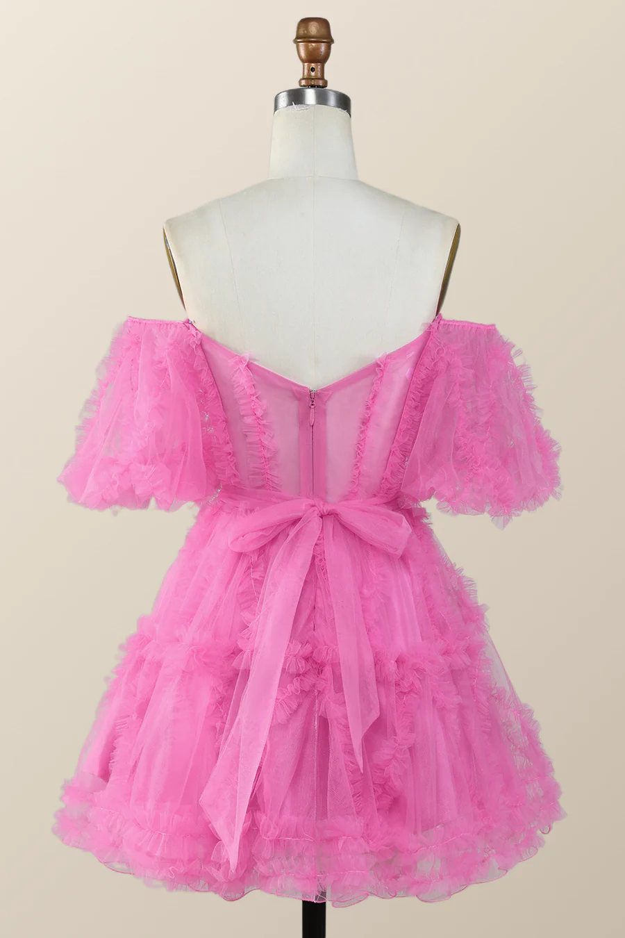 Off the Shoulder Hot Pink Ruffles Short A-line Homecoming Dress Y2783