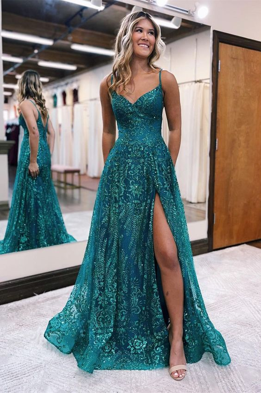 Long A-line Spaghetti Straps Lace Sleeveless Prom Dress With Slit Y6360