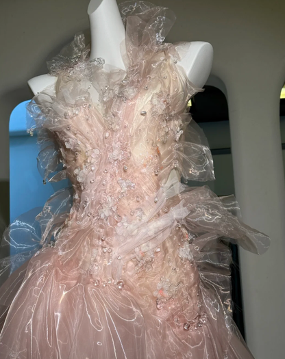 Fairy Pink Tulle Beaded Prom Dress,Long Backless Evening Dress Y8564