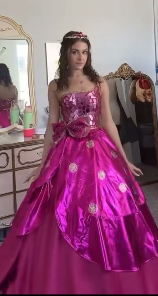 Sweet One Shoulder Hot Pink Sequin Satin Long Party Dress Birthday Prom Dresses SP1184