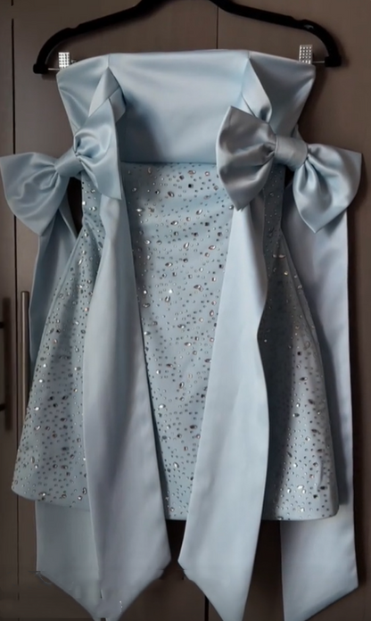 Pretty Blue Bow Straps Satin Beaded Short Homecoming Dress Birthday Outfits SP2647