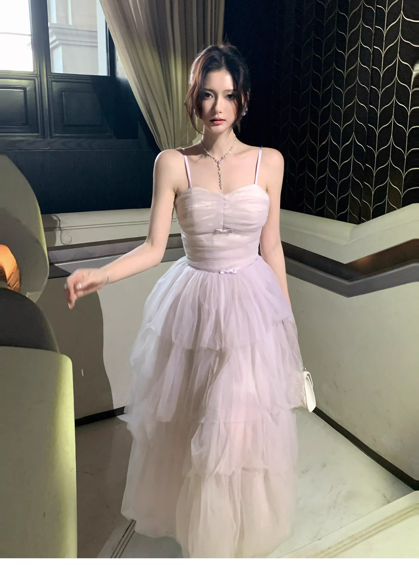 Pretty Light Lavender Spaghetti Straps Tulle Layered A Line Long Birthday Prom Dress Party Dress SP1495