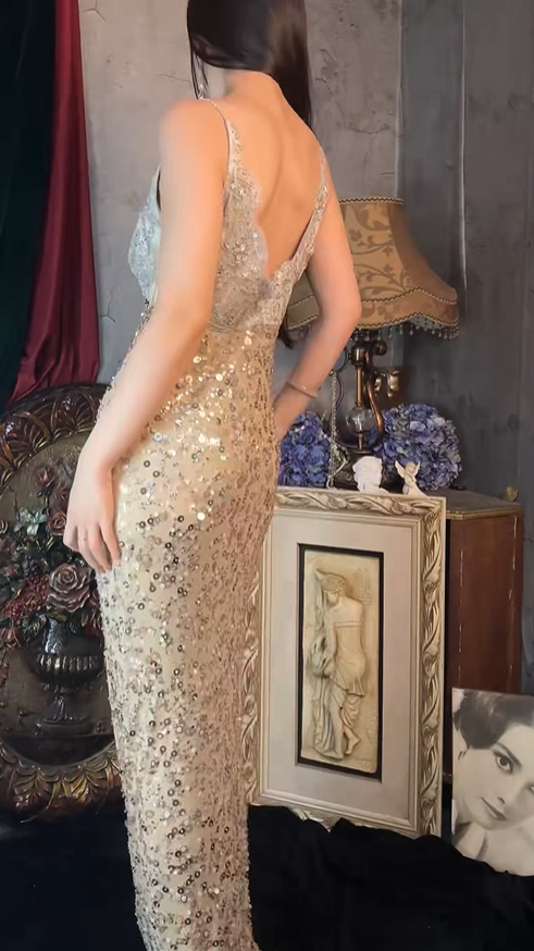 Sparkly V Neck Sequin Lace Mermaid Long Party Dress Birthday Prom Dresses SP1251