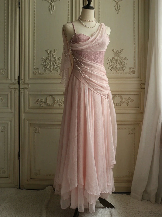 Vintage Pink One Shoulder Chiffon Evening Dress A Line Prom Dress Y7791