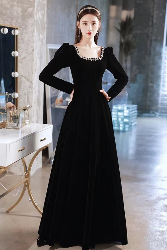 Black evening dress,high sense velvet long sleeve evening dress, custom made Y2934