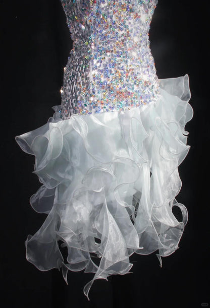 Glitter White Satin Tulle Ruffle Sequin Beaded Mini Birthday Outfits,Sweetheart Neck Sheath Short Cocktail Dress SP2835