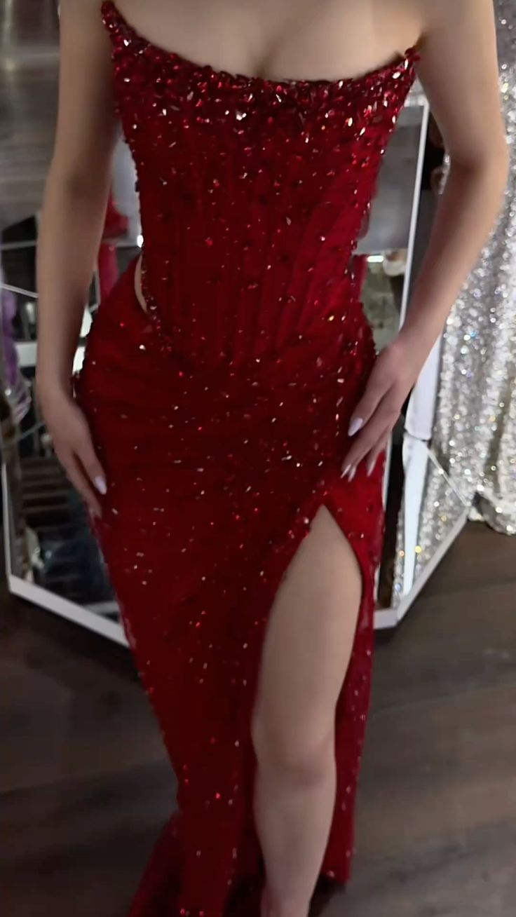 Gorgeous Burgundy Sequin Strapless Slit Long Prom Dress Birthday Party Gown SP12