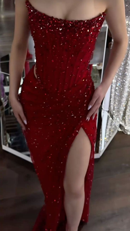 Gorgeous Burgundy Sequin Strapless Slit Long Prom Dress Birthday Party Gown SP12