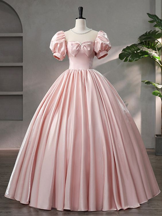 Beautiful Pink Scoop Neck Satin Floor Length Prom Dress, A-Line Short Sleeve Evening Dress with Bow Y6082