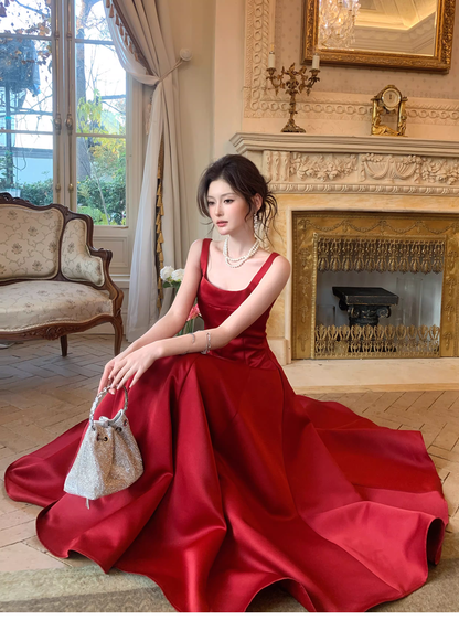 Fashion Spaghetti Strap Red Satin A Line Long Evening Dress Formal Birthday Prom Dresses SP1653