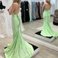 Mint Satin Deep V-neck Mermaid Simple Prom Dress Y6238
