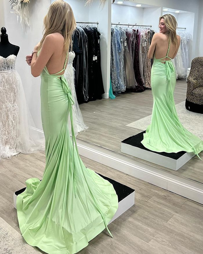Mint Satin Deep V-neck Mermaid Simple Prom Dress Y6238