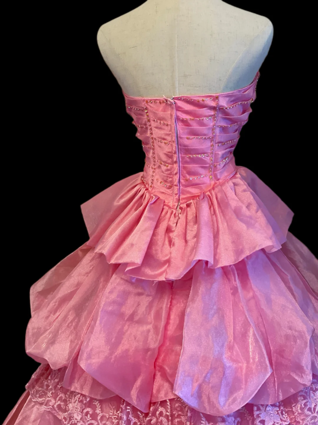 Pretty Strapless Pink Lace Satin Pleated Beaded Long Party Dress Evening Dress SP4091