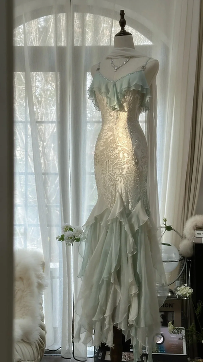 Elegant Green Chiffon Beaded Mermaid Prom Dress Long Party Gowns Y9731
