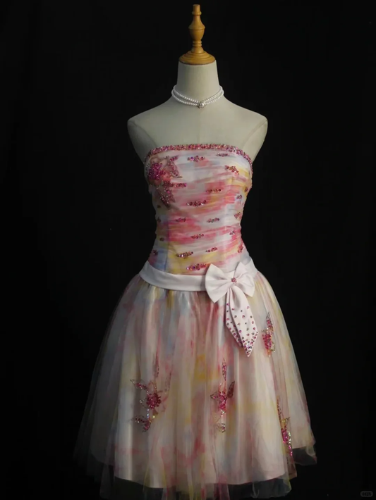 Pretty Strapless Tulle Beaded A Line Short 7th Grade Homecoming Dress Birthday Outfits SP2826