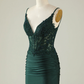 Tight V-Neck Dark Green Pleated Homecoming Dress with Appliques  Y2660