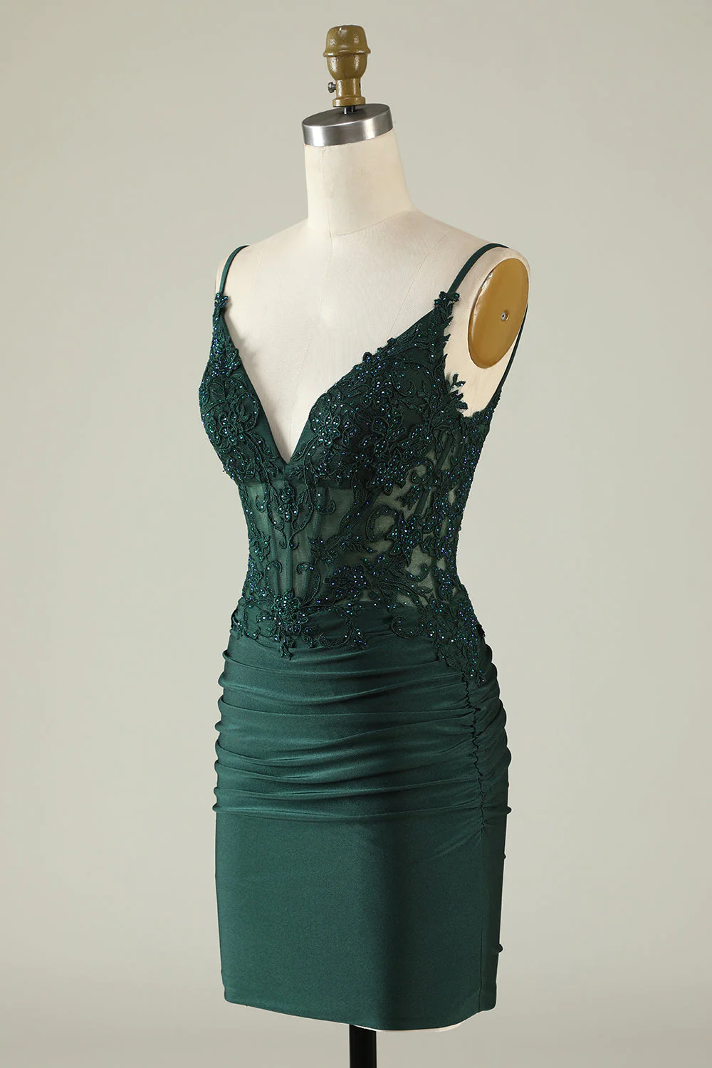 Tight V-Neck Dark Green Pleated Homecoming Dress with Appliques  Y2660