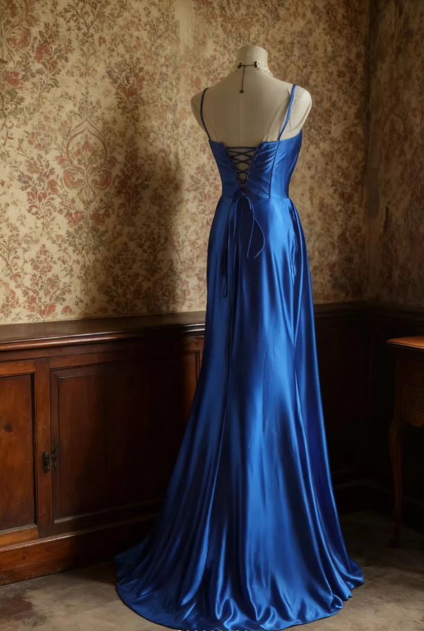 Classy Blue Spaghetti Straps Satin Pleated Mermaid Long Party Dress Birthday Prom Dresses SP1201