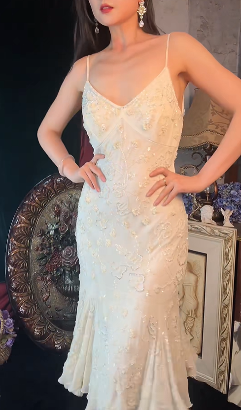 Gorgeous Spaghetti Straps White V Neck Chiffon Beaded Mermaid Birthday Outfits Long Party Dress SP1253