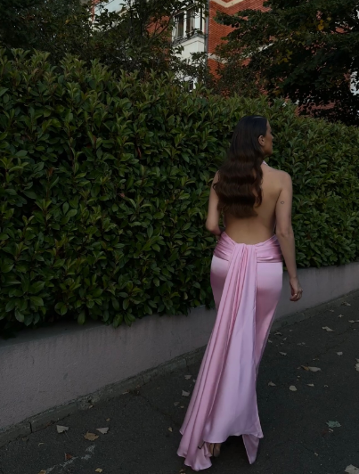 Elegant Halter Pink Satin Sheath Long Prom Dress Backless Evening Gown Y9947
