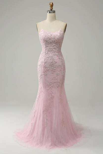 Mermaid Spaghetti Straps Light Pink Long Prom Dress with Appliques Y4466