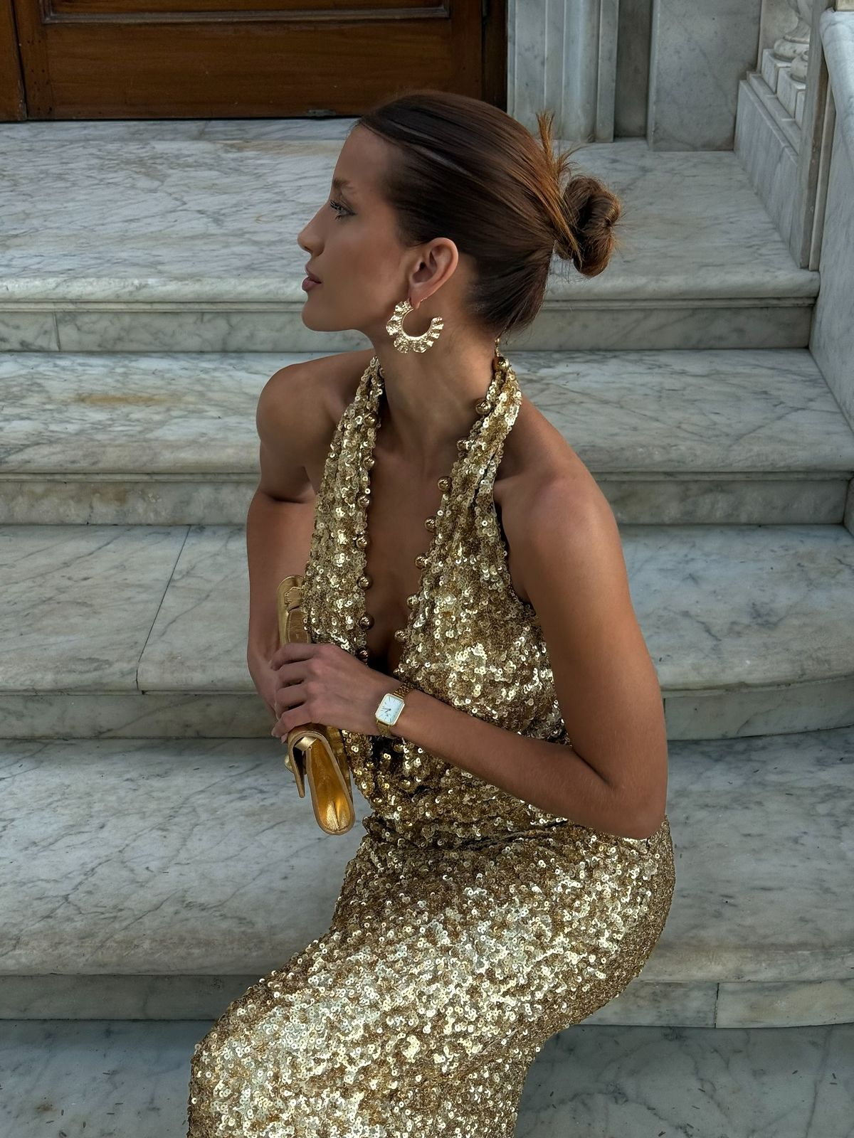 Gorgeous Gold Halter V Neck Sequin Sheath Long Prom Dress Backless Evening Dress SP1104