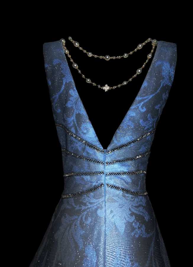 Unique Ombre Blue Deep V Satin Print Floral Beaded Mermaid Party Dress Long Prom Dress SP512